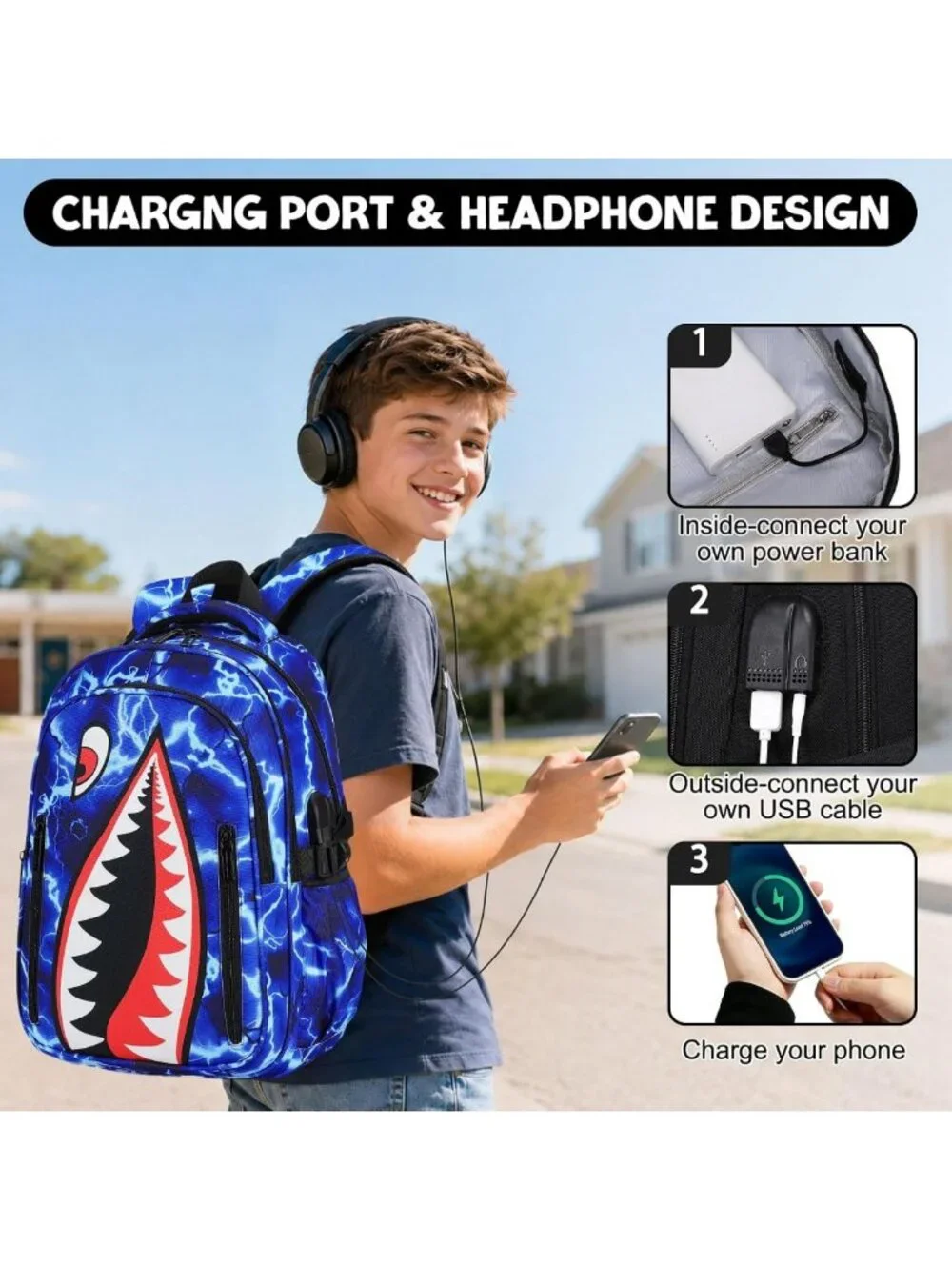 Cool Luminous Shark Backpack Set for Boys with Lunch Box - 4PCS Stylish School